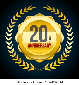 20 Years anniversary Gold and Red badge logo. Vector illustration