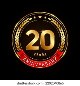 20 years anniversary, golden anniversary celebration logotype with red ribbon isolated on black background, vector illustration