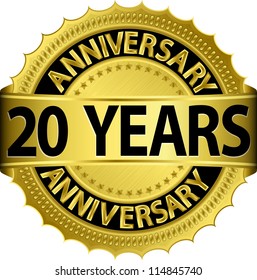 20 years anniversary golden label with ribbon, vector illustration