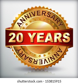20 years anniversary golden label with ribbon.  Vector eps 10 illustration.