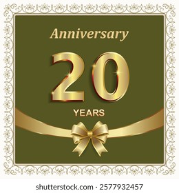 20 years anniversary, greeting card, festive background with golden jubilee numerals and decorative ribbon with bow in patterned frame. Vector illustration