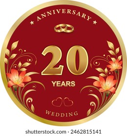 20 years anniversary. Greeting and invitation wedding card with creative numbers and flowers in round gold frame with wedding rings and hearts. Vector 3d illustration