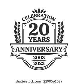 20 years anniversary icon or logo. Vintage birthday banner design. 10th anniversary yubilee celebration badge or label. Vector illustration.