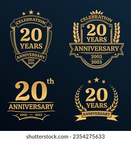 20 years anniversary icon or logo set. Vintage birthday banner design. 20th anniversary jubilee celebration golden badge or label collection. Vector illustration.