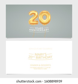 20 years anniversary invitation card vector illustration. Double sided graphic design template with text for 20th anniversary party invite 