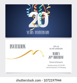 20 years anniversary invitation to celebrate the event vector illustration. Design template element with number and text for 20th birthday card, party invite 