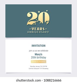 20 years anniversary invitation vector illustration. Template  design element for 20th birthday card, party invite 