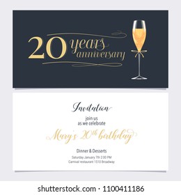 20 years anniversary invitation vector illustration. Graphic design element with glass of champagne  for 20th birthday card, party invite 