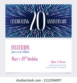 20 years anniversary invitation vector illustration. Design element with bright abstract background for 20th birthday card, party invite 