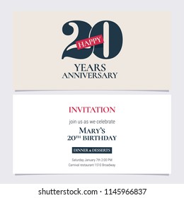 20 years anniversary invitation vector illustration. Graphic design template with elegant logo for 20th anniversary party or dinner invite 