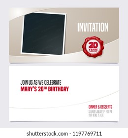 20 years anniversary invitation vector illustration. Graphic design template with photo frame collage for 20th anniversary party  invite 
