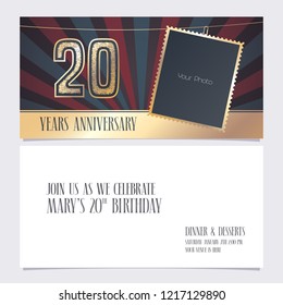 20 years anniversary invitation vector illustration. Graphic design element with photo frame  for 20th birthday card, party invite 