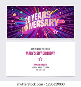 20 years anniversary invitation vector illustration. Graphic design element with bright fireworks for 20th birthday card, party invite 