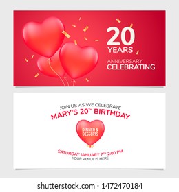 20 years anniversary invitation vector illustration. Design template element with romantic background for 40th marriage, wedding or birthday card, party invite 