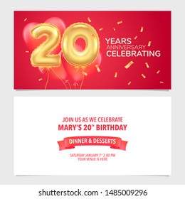 20 years anniversary invitation vector illustration. Design template card, party invite with air balloon digit for 20th birthday 