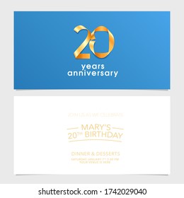 20 years anniversary invitation vector illustration. Design element with number made of ribbon for 20th birthday card, party invite