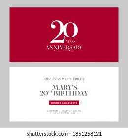 20 years anniversary invitation vector illustration. Graphic design double-sided template for 20th anniversary party invite
