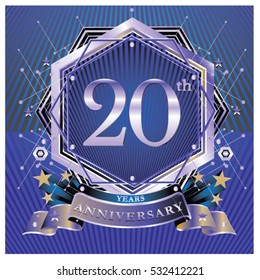 20 years anniversary logo celebration with ring and ribbon. Symbol and template for greeting card