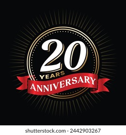 Diseño de logotipo de 20 años de aniversario con cinta de color rojo y elementos de celebración de círculo brillante dorado. Cartel del aniversario de la boda 20 TH, plantilla. Empresa 20 años de edad éxito banner sobre fondo negro.