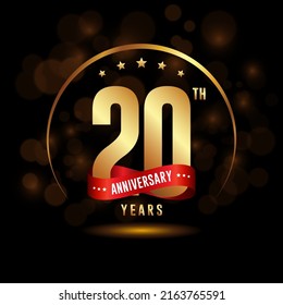 20 years anniversary logo with golden ring and ribbon for booklet, leaflet, magazine, brochure poster, banner, web, invitation or greeting card. Vector illustrations.