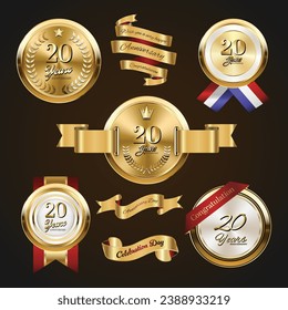 20 years anniversary logo with golden ribbon. Set of Vintage Anniversary Badges Celebration