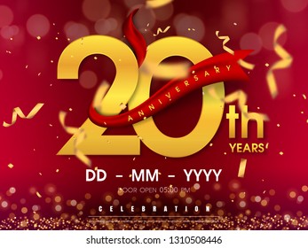 20 years anniversary logo template on gold background. 20th celebrating golden numbers with red ribbon vector and confetti isolated design elements