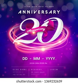 20 years anniversary logo template on purple Abstract futuristic space background.20th modern technology design celebrating numbers with Hi-tech network digital technology concept design elements.