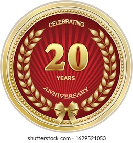 20 years anniversary logo template, golden vector design for celebration, invitation or greeting card