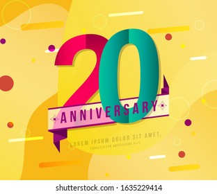 20 years anniversary logo template on yellow Abstract modern background. 20th modern background design celebrating numbers with colorful background concept design elements.