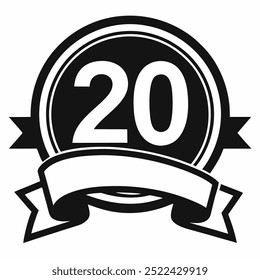 20 years anniversary logo template isolated on white, black and white stamp 20th anniversary icon label with ribbon, twenty year birthday seal symbol