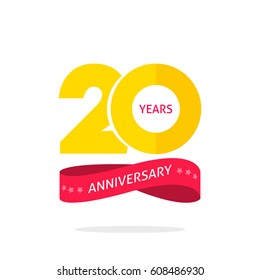 20 years anniversary logo template isolated on white, 20th anniversary icon label with ribbon, twenty year birthday symbol isolated on white background