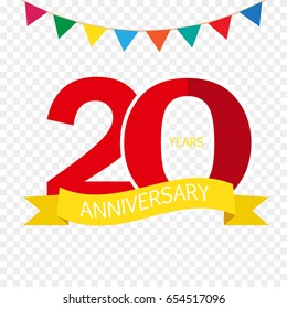 20 years anniversary logo template isolated on white, 20th anniversary icon label with ribbon, twenty year birthday symbol isolated on chess background