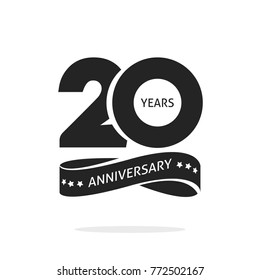 20 years anniversary logo template isolated on white, black and white stamp 20th anniversary icon label with ribbon, twenty year birthday seal symbol