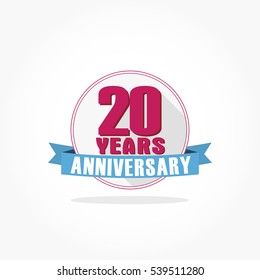 20 years anniversary logo vector on flat design white circle with pink number and pink frame with blue ribbon and shadow effect