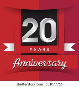 20 years anniversary logo with white ribbon isolated on red background, flat design style, Vector template elements for birthday celebration.