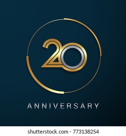 Logotipo de Aniversário de 20 Anos com Número Multi Linear Ouro e Prata em Círculo Dourado, Isolado em Fundo Escuro