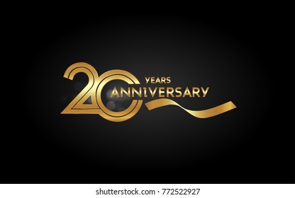 20 Years Anniversary Logotype with  Golden Multi Linear Number and Gold Ribbon, Isolated on Black Background