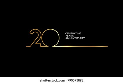 20 Years Anniversary logotype with golden colored font numbers made of one connected line, isolated on black background for company celebration event, birthday