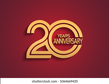 20 years anniversary logotype with linked multiple line golden color isolated on red background for celebration event