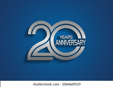 20 years anniversary logotype with linked multiple line silver color isolated on blue background for celebration event