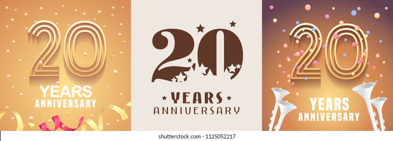 20 years anniversary set of vector icon, symbol. Graphic design element with festive golden background for 20th anniversary 