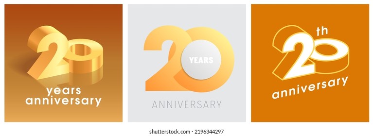 20 years anniversary set of  vector graphic icons, logos. Design elements with golden number on background for 20th anniversary