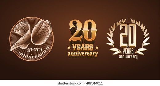 20 years anniversary set of vector logo, icon, number. 20th birthday, marriage or graduation anniversary, jubilee decoration design elements, signs, emblem, symbol, badge in gold