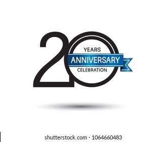 20 years anniversary simple logotype with black color with blue ribbon isolated on white background for celebration event