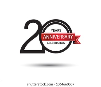 20 years anniversary simple logotype with black color with red ribbon isolated on white background for celebration event