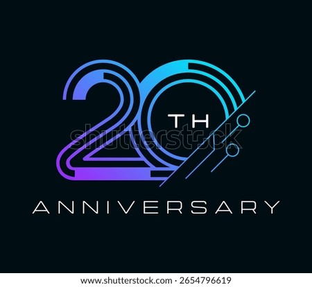 20 Years Anniversary with technology element design vector illustration. Unique 20 years logo design template. In purple blue color.