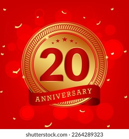 20 años. Concepto de diseño de plantillas de aniversario con colores dorados y rojos , diseño para eventos, tarjeta de invitación, tarjeta de saludo, banner, afiche, volante, portada de libros e impresión. Vector Eps10