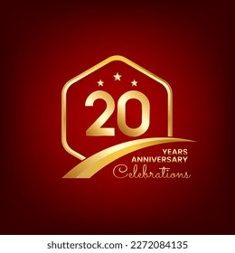 20 years anniversary. Anniversary template design inside of gold hexagon and curve with red background, design for event, invitation card, greeting card, banner, poster, flyer, book cover and print.