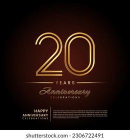 20 años aniversario, diseño de plantilla de aniversario con número de línea doble y texto dorado para celebración de cumpleaños, invitación, afiche de banner, volante y tarjeta de saludo, plantilla de vector