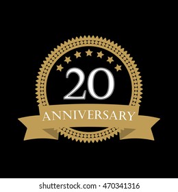 20 years anniversary template with ribbon. 20th celebration emblem or icon. Vector illustration.